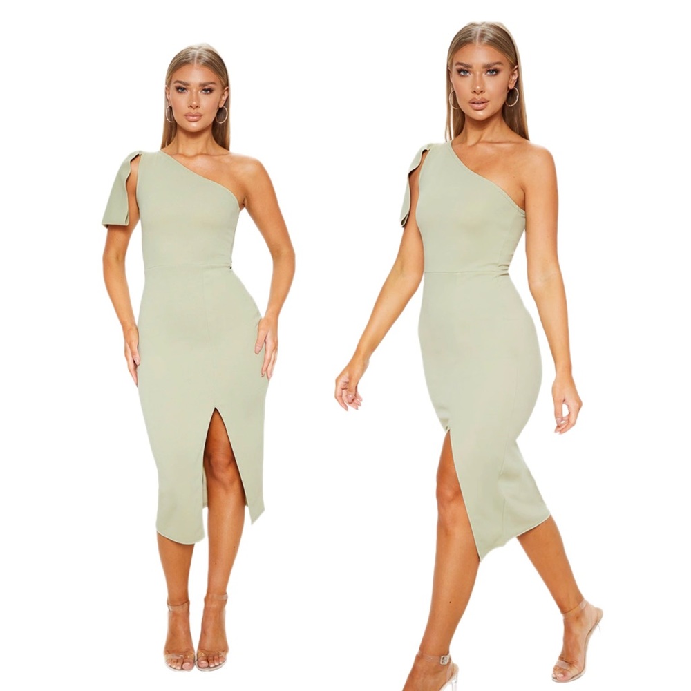 Pretty Little Thing Wedding Guest Dress Sage Green One Shoulder Midi Dress Slit